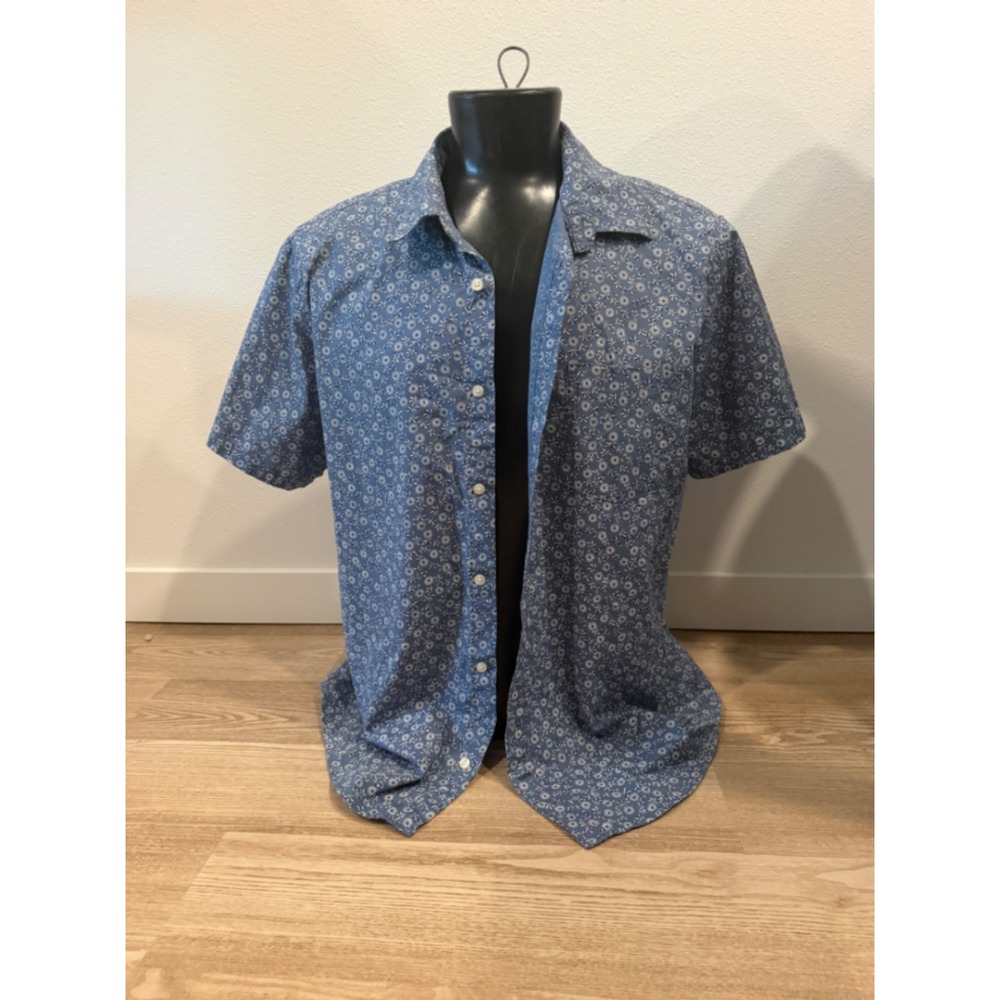 Gap Mens XL Blue Floral Short Sleeve Button Stretch Poplin Shirt Regular Fit